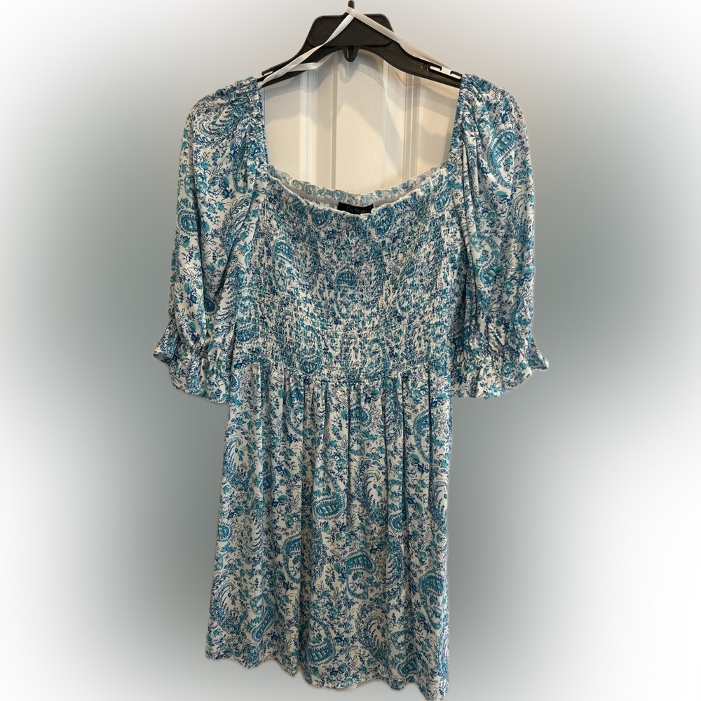 City Studio Blue Smocked Ruffled Pullover Printed Pouf Elbow Sleeves Square Neck